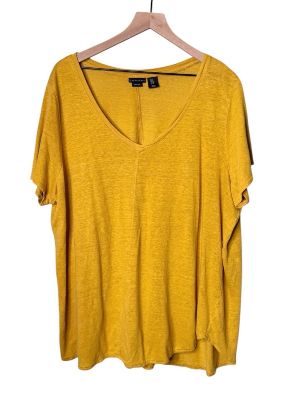 Tahari Linen V Neck Short Sleeve Shirt Mustard Yellow Women’s Size 1X Plus Size